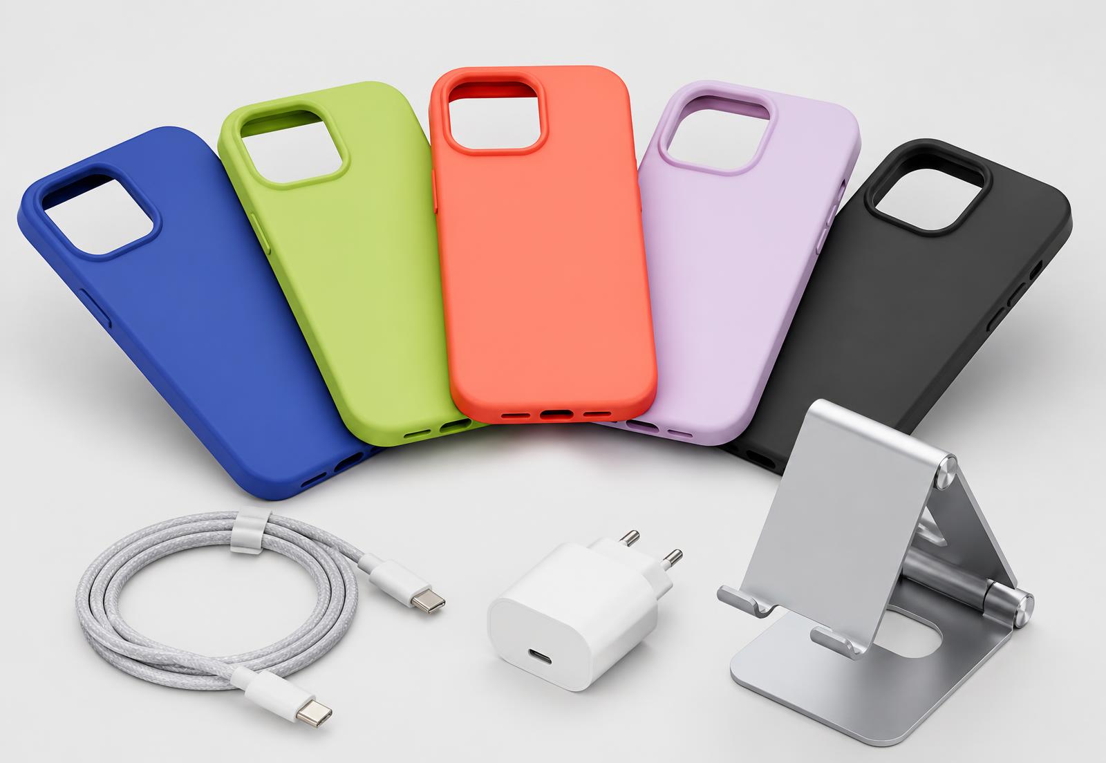 Colourful phone cases with a charging cable, plug and folding phone stand